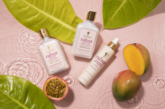 Rahua hydration shampoo, conditioner and hydration detangler with half cut passion fruit and and mango