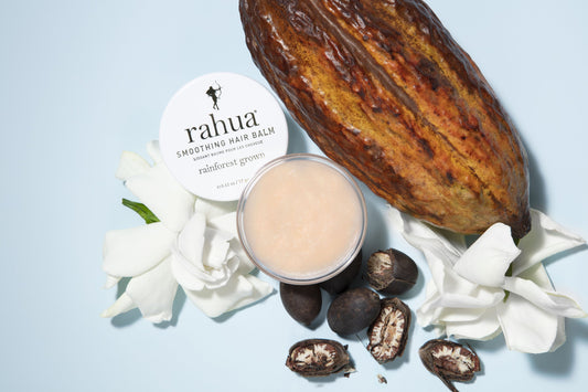 Opened Rahua Smoothing hair balm with gardenia flower, rahua seeds and raw papaya