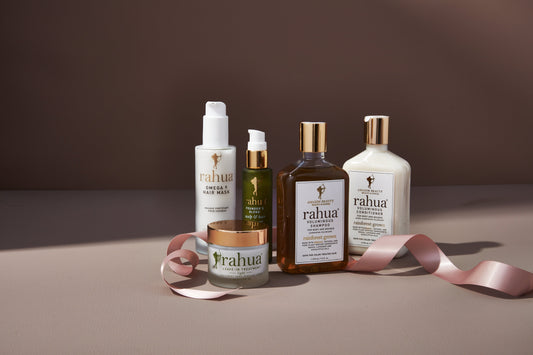 Rahua Omega 9 hair care mask with hair care shampoo, conditioner, leave in treatment light, founder's blend scalp and hair treatment