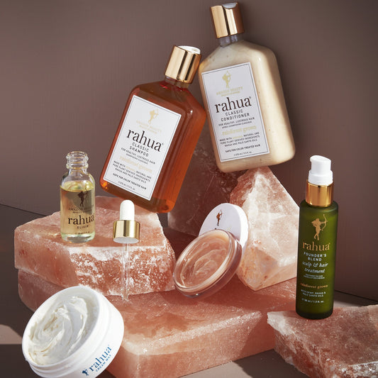 Rahua self care products having Classic shampoo and conditioner, scalp exfoliating shampoo and founder's blend hair treatment