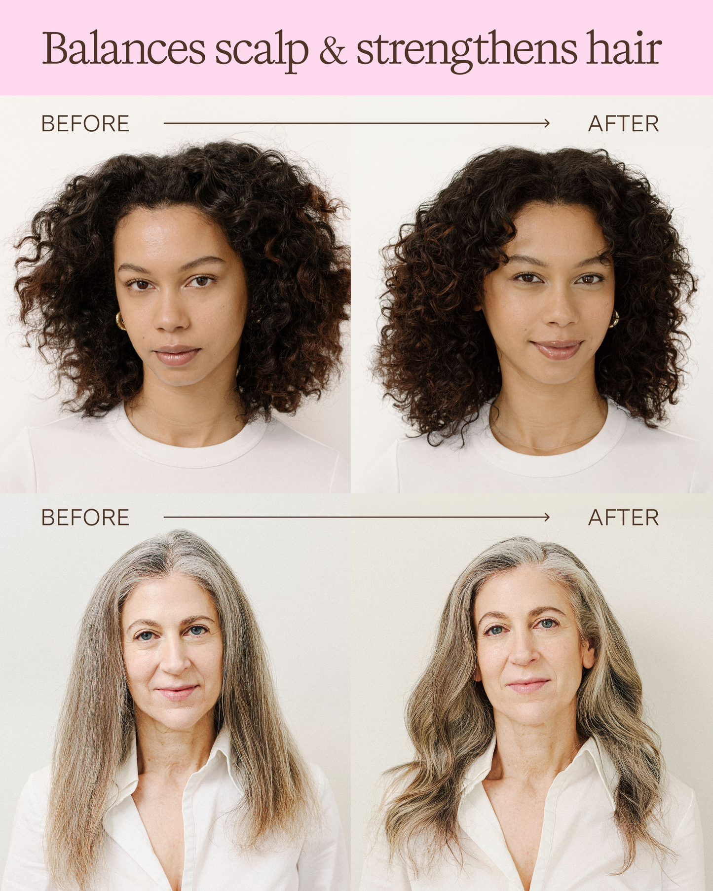 Before and after hair treatment comparison of a woman with different hairstyles.|variant:93-oz,16-oz,18-oz