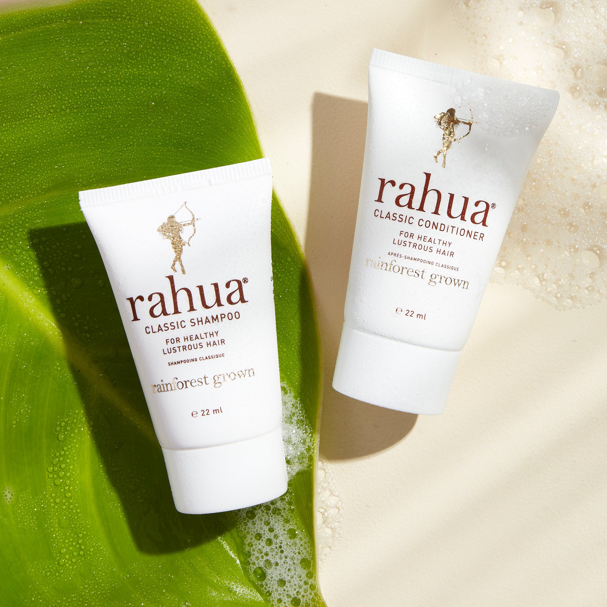 two tubes of rahua classic shampoo and classic conditioner with a palm leaf on a soapy beige background|variant:074-oz