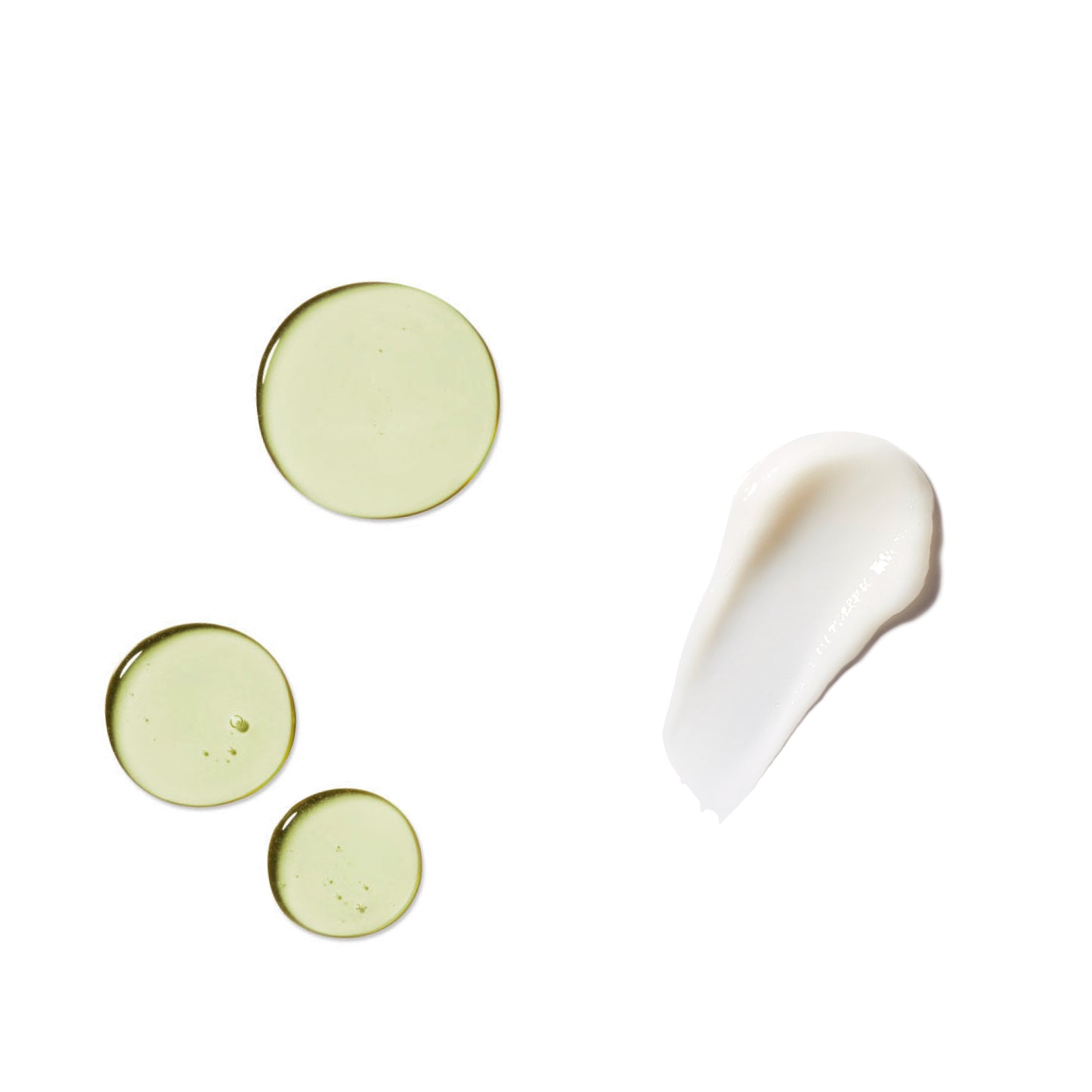 three drops of rahua voluminous shampoo on a plain white background texture shot  of a thin light green product and a swipe of off white product of rahua voluminous conditioner to show texture|variant:2-oz