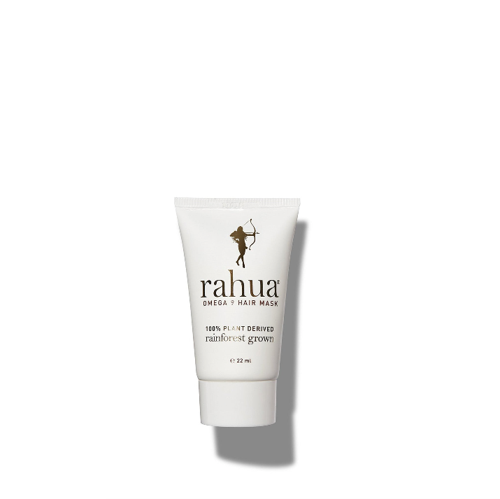 bottle of white product with gold and brown text rahua omega 9 hair mask on a plain white background|variant:074-oz