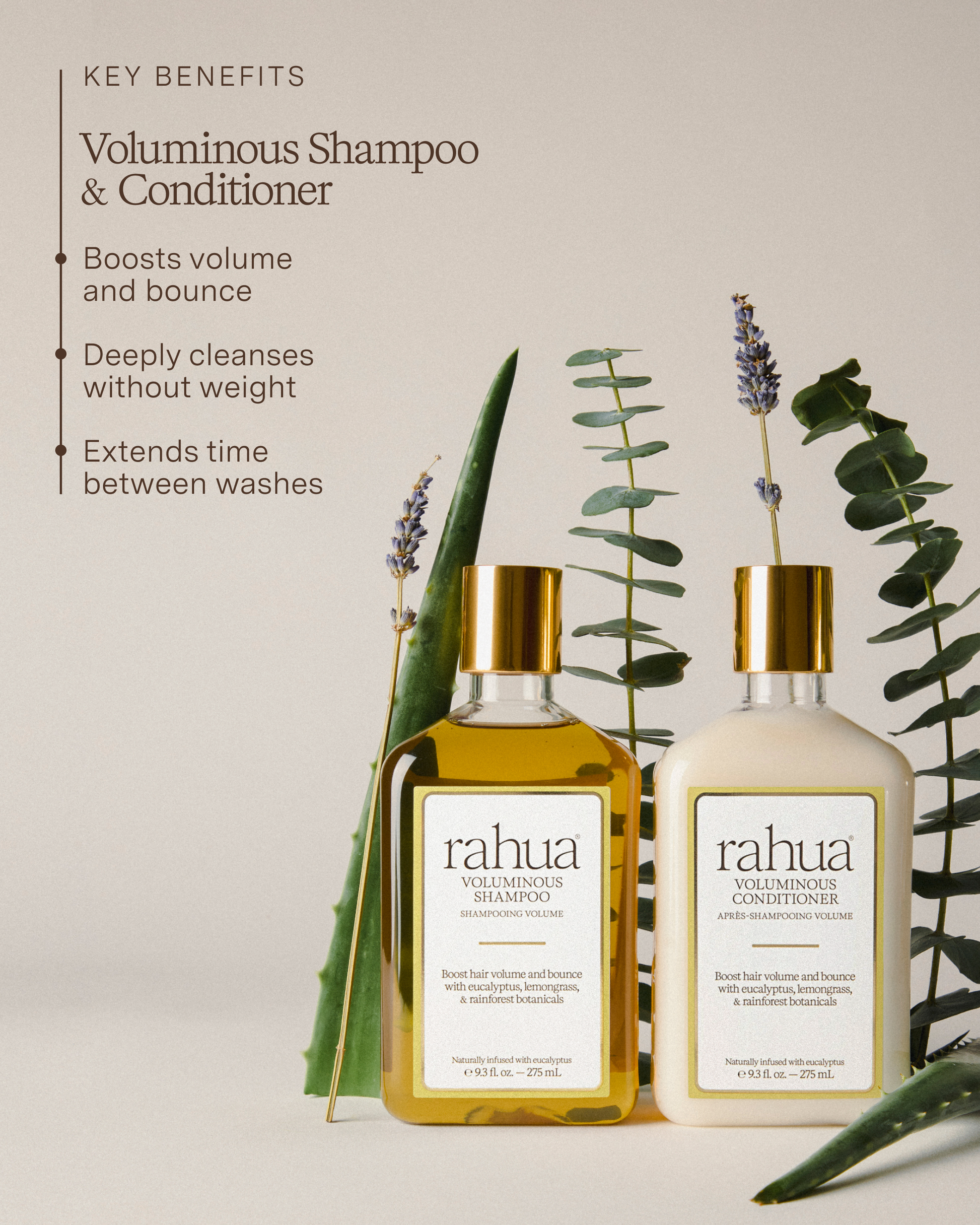 Voluminous Shampoo and Conditioner bottles with key benefits text on a light background|variant:93-oz,16-oz