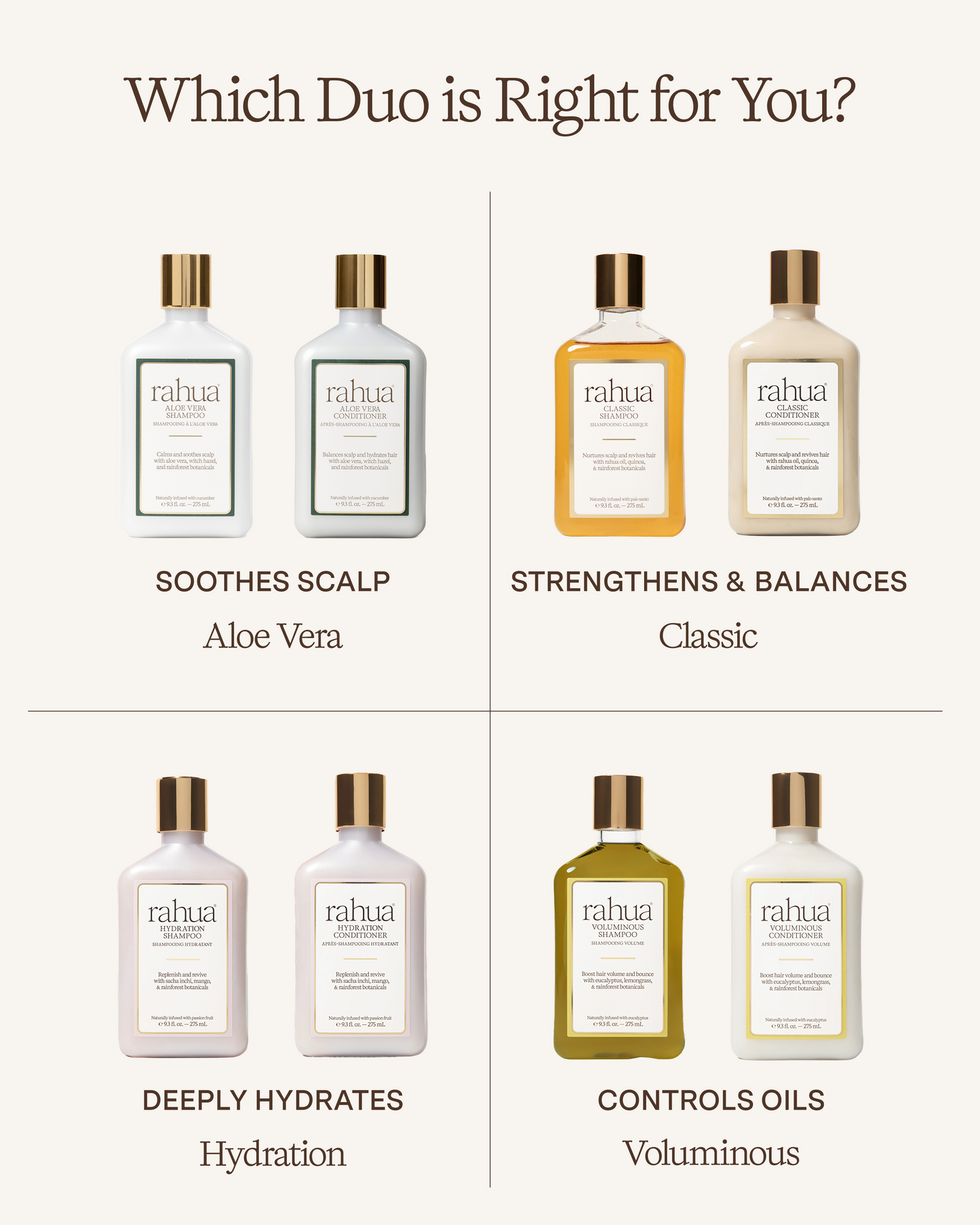 Rahua hair care product bottles with labels for different hair care needs on a white background.|variant:93-oz,16-oz,18-oz