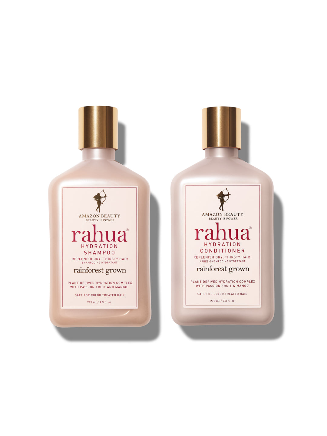 two pink bottles of rahua hydration shampoo and conditioner on a plain white background|variant:93-oz