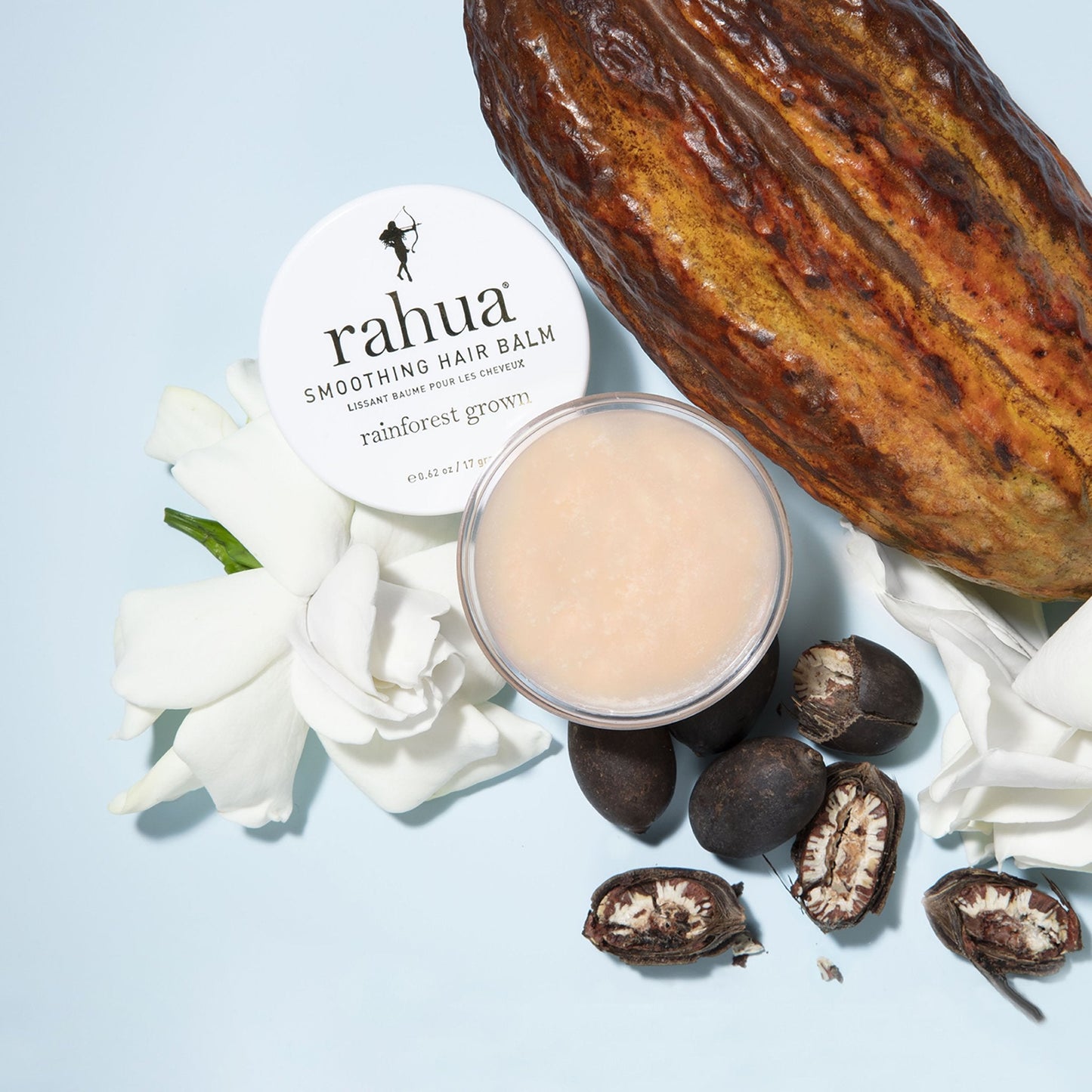 Opened smoothing hair balm with broken rahua seeds, gardenia flowers and rotten papaya