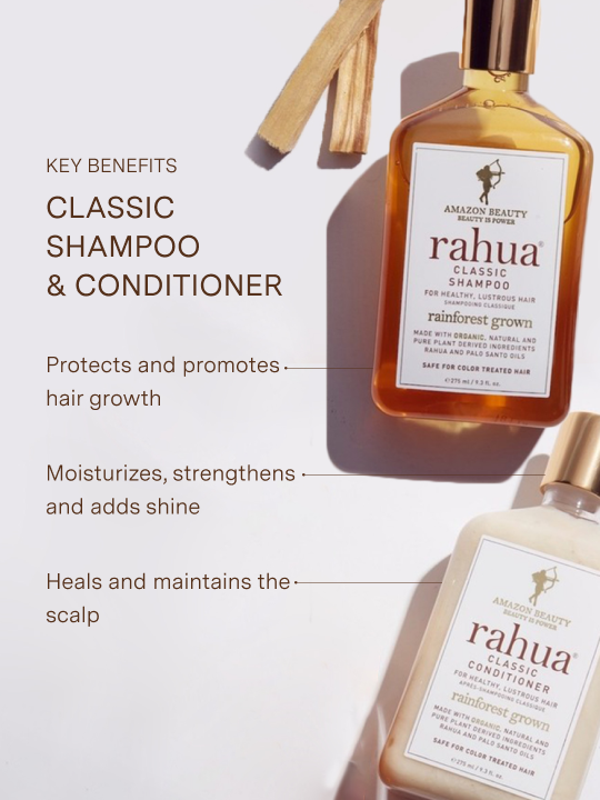 two bottles of rahua classic shampoo and classic conditioner with two sticks of palo santo listing key benefits including protects and promotes hair growth, moisturizes, strengthens, heals and maintains scalp|variant:2-oz