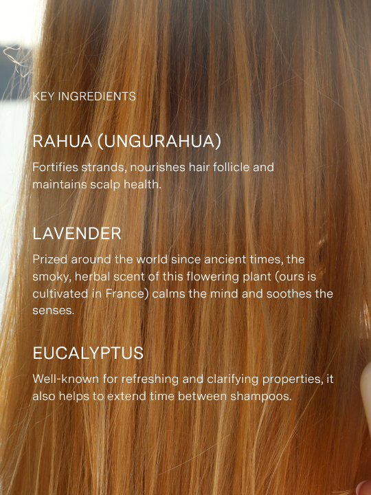 model with orange blonde hair listing key ingredients including rahua oil for nourishment, lavender for soothing and calming and eucalyptus for refreshing and clarifying|variant:2-oz