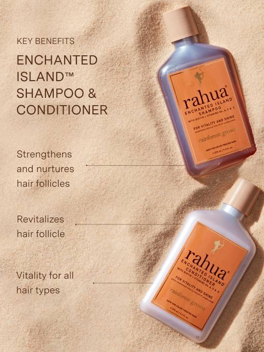 Two bottles of rahua Enchanted Island Shampoo and Conditioner on a beige background with text highlighting key benefits|variant:16-oz