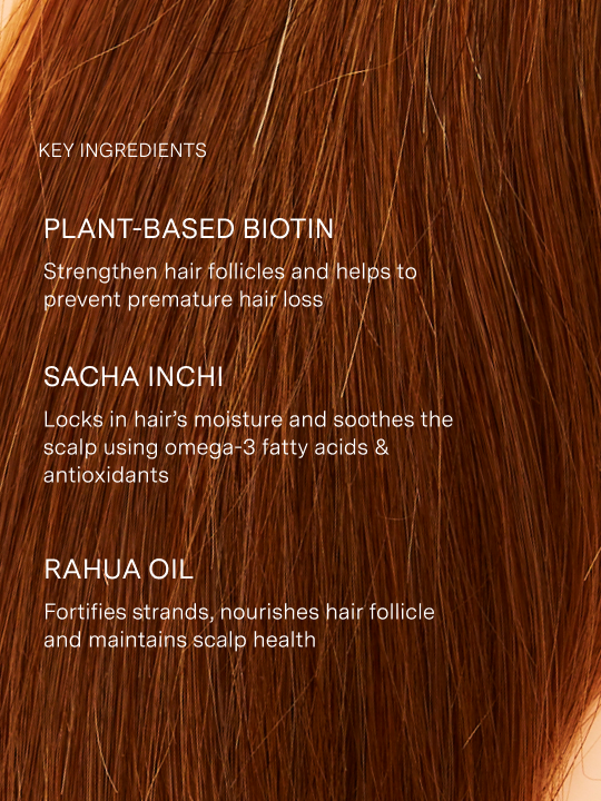 Text overlay on a close-up of brown hair with key ingredients for hair care|variant:93-oz